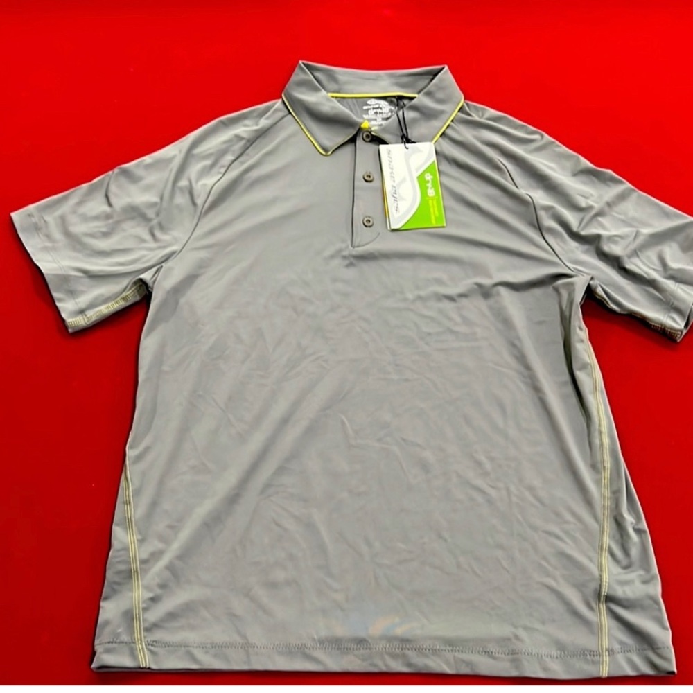 NWT men’s size small golf shirt. Grey with pinstripe accent on collar.